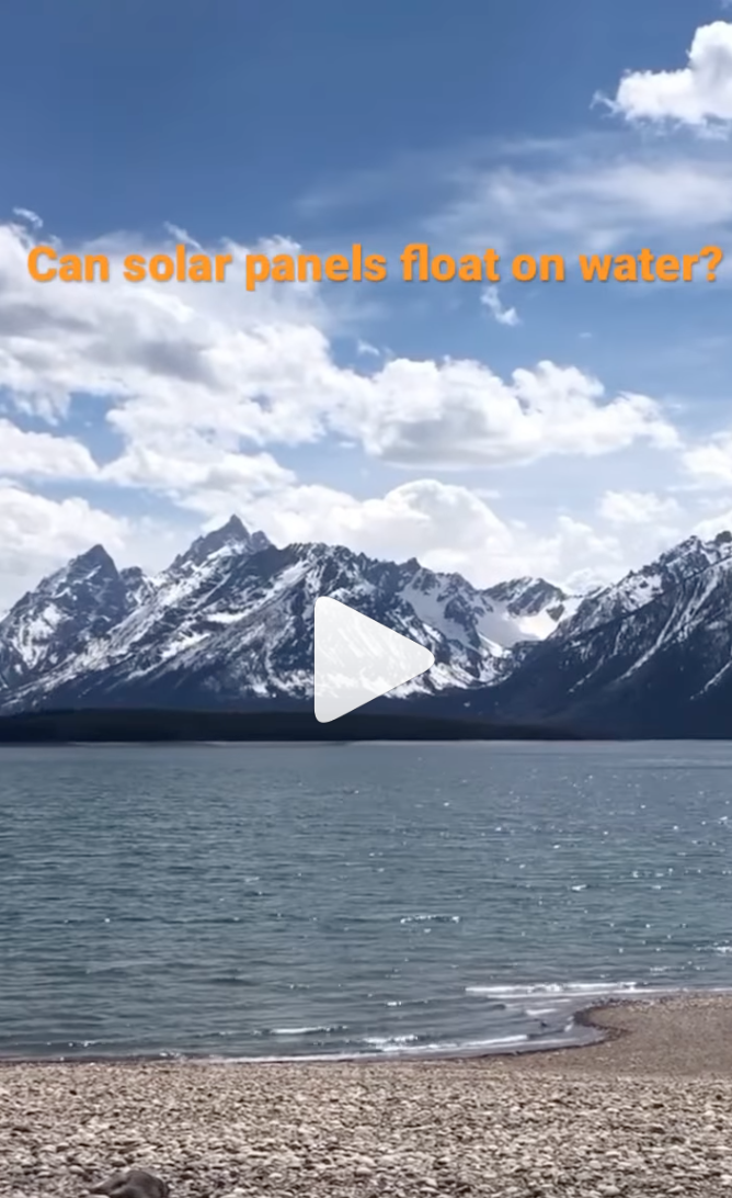 Mountain background with a lake in the foreground and text that says can solar panels float on water?
